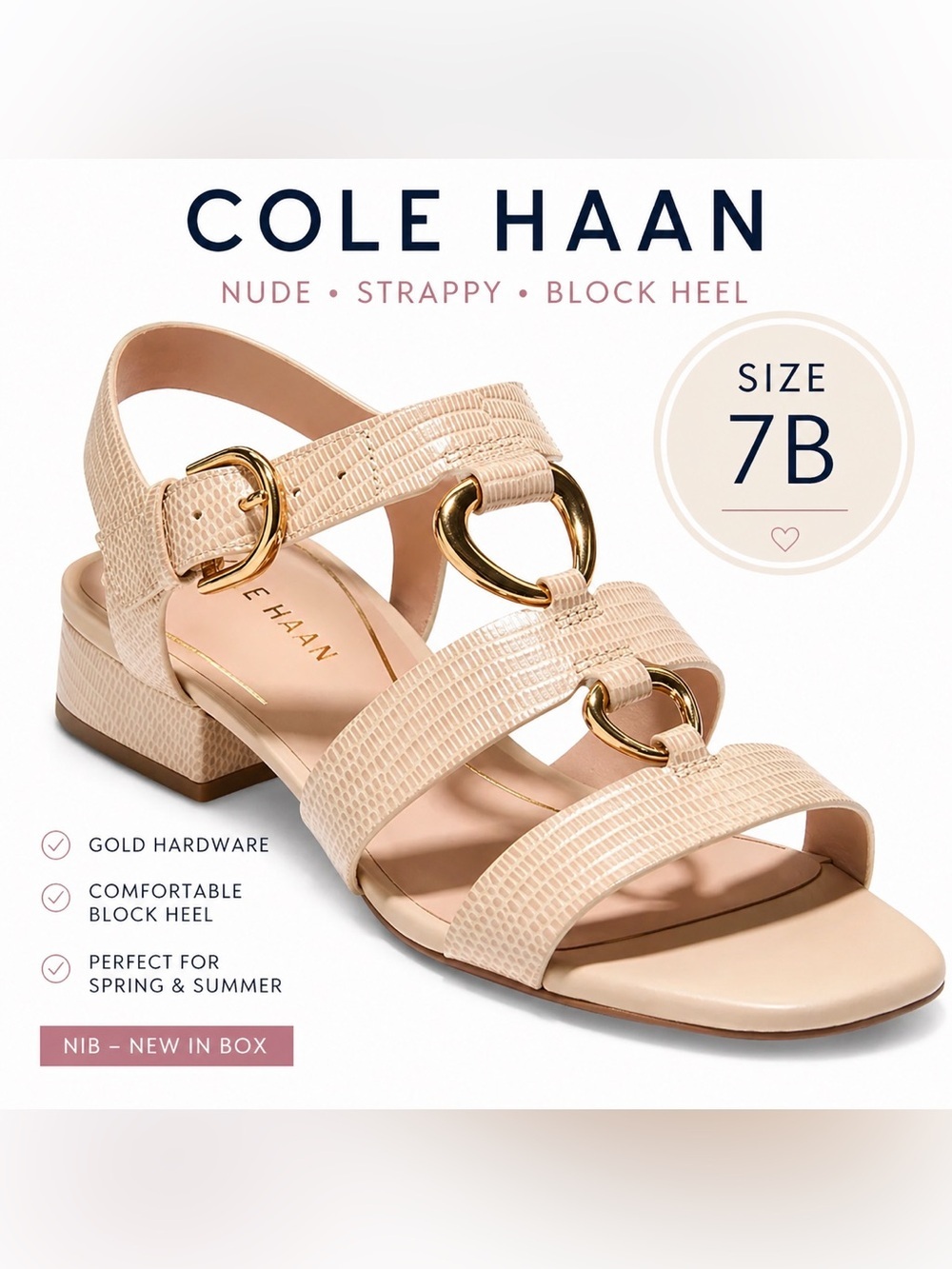 Cole Haan Lyanna Nude Strappy Block Heel Sandals Gold Hardware Size 7B NIB